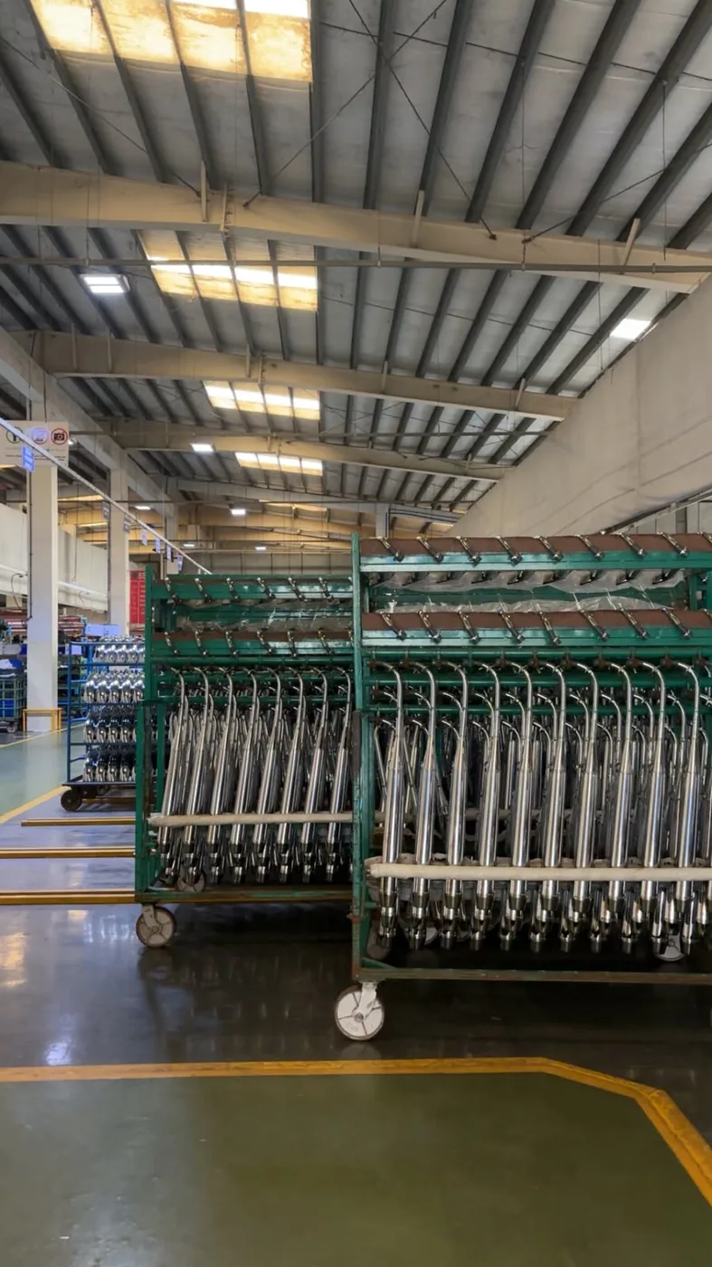 Exhaust mufflers staged on trolleys for the line at Atlas Honda