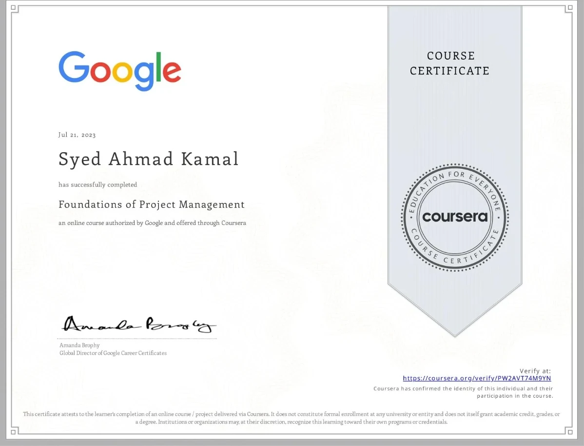 Foundations of Project Management certificate